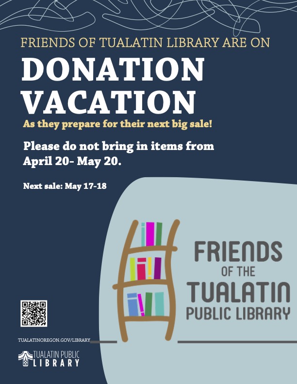 The Friends of the Library are not accepting book and media donations until after May 20th, 2024.