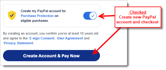 Example to create a new PayPal account during checkout process.